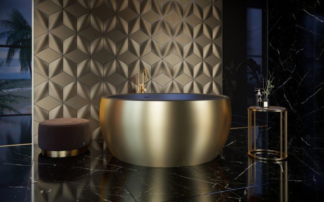 Aquatica Aura Victorian Gold-Blck Round Freestanding Solid Surface Bathtub