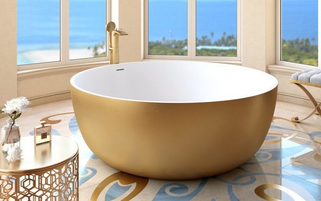 ᐈ 【Aquatica Adelina Pearl Gold-Wht Round Freestanding Solid Surface Bathtub】  Buy Online, Best Prices