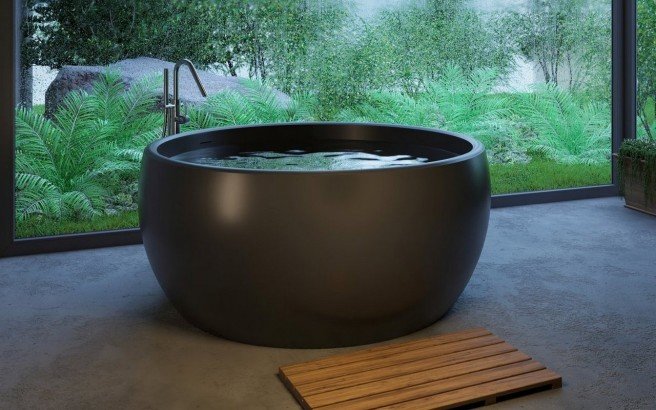 Aquatica Aura Black Round Freestanding Solid Surface Bathtub