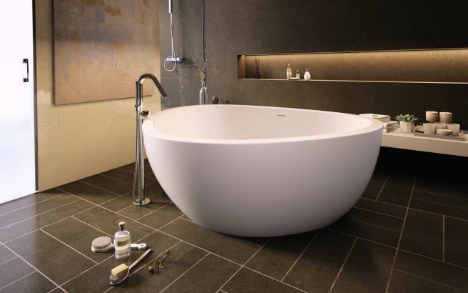 Trinity wht freestanding light weight cast stone bath fine matte by Aquatica 01 1 (web)