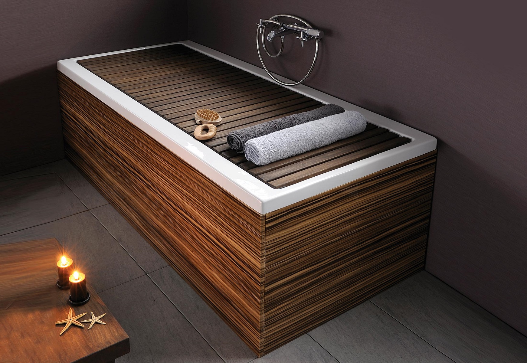 wooden bath with candle